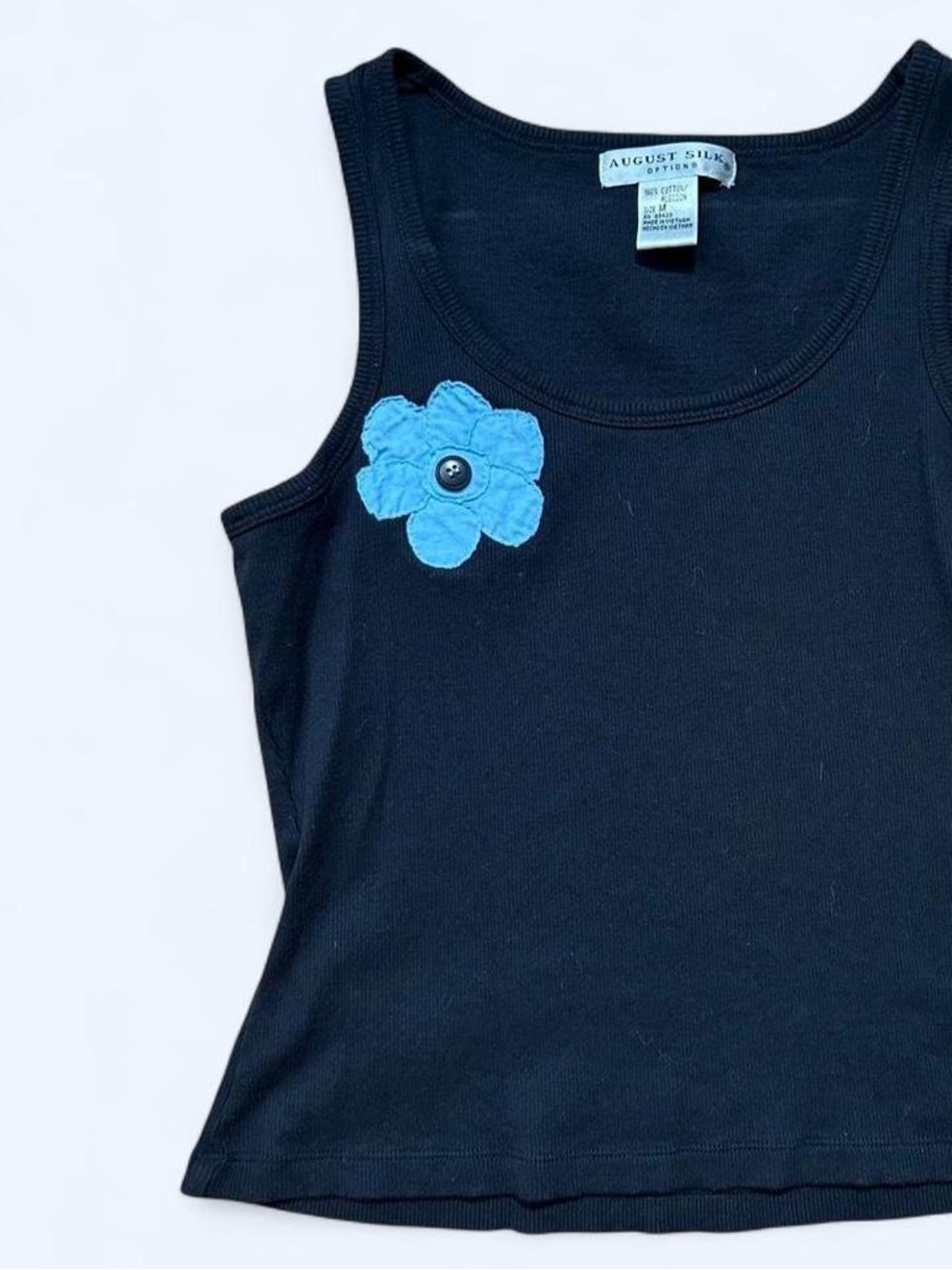 VTG Y2K Black Tank with Light Blue Flower Applique - Picture 2 of 4